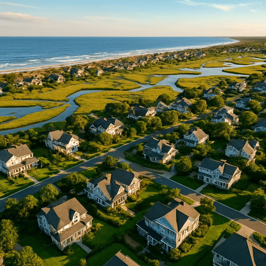 Aerial view of a coastal North Carolina neighborhood served by G's Pest Control